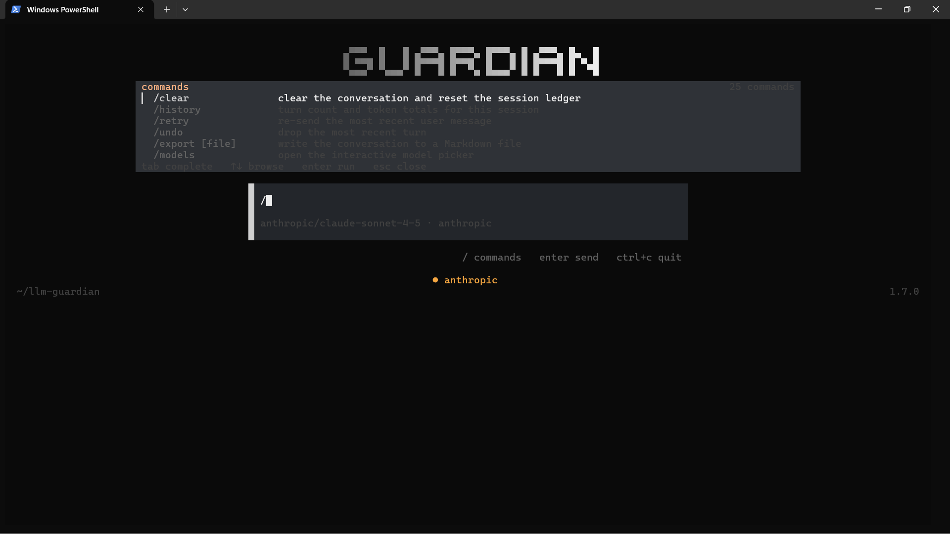 LLM Guardian slash-command palette